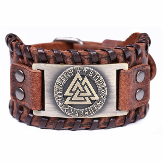 Valknut wide leather bracelet