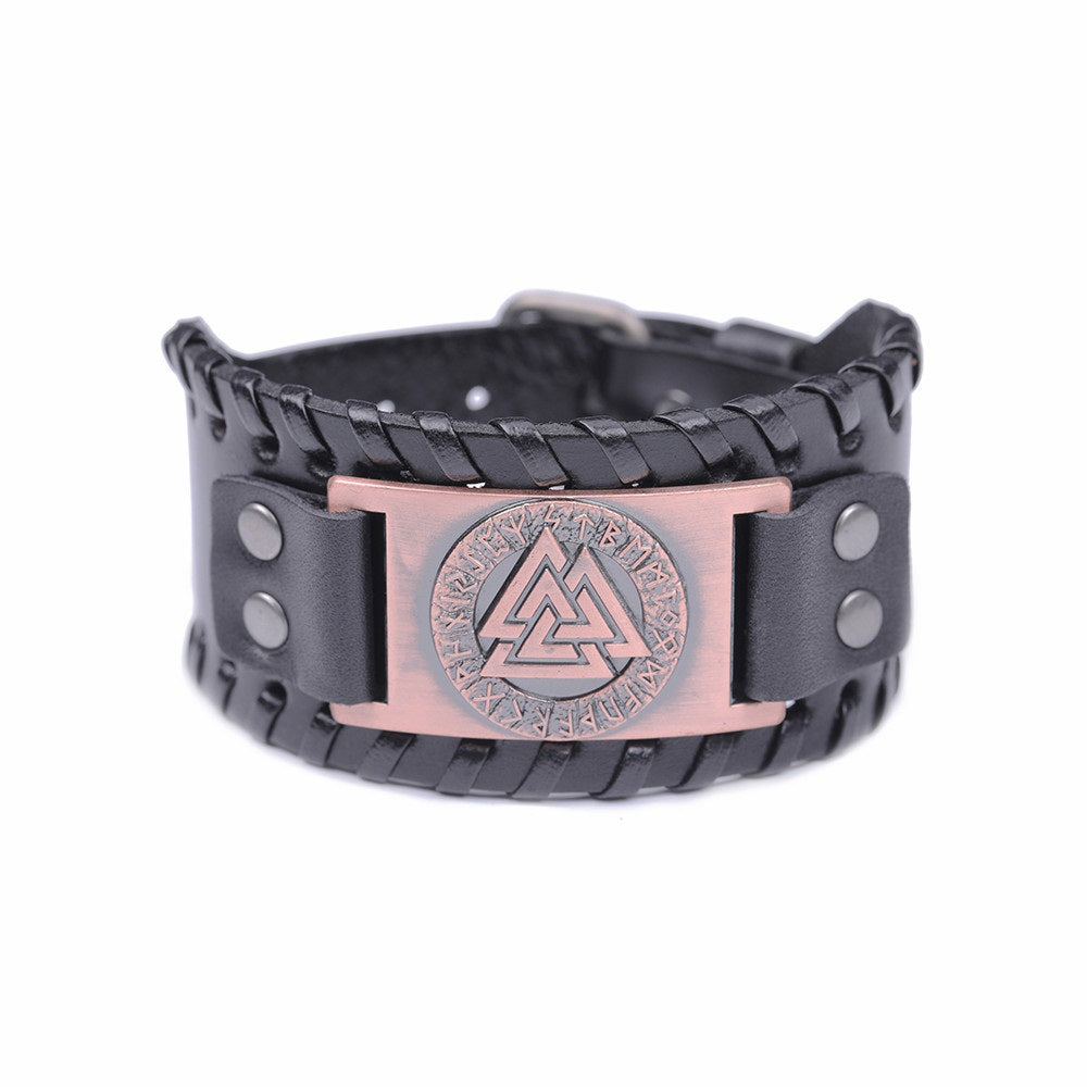 Valknut wide leather bracelet