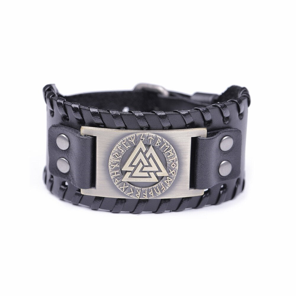 Valknut wide leather bracelet