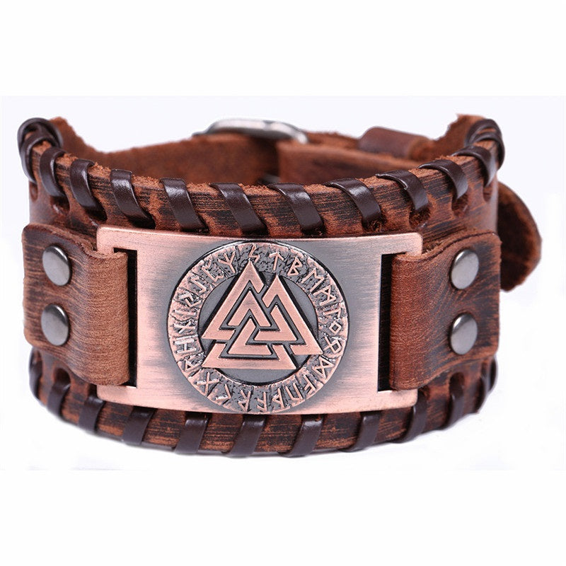 Valknut wide leather bracelet