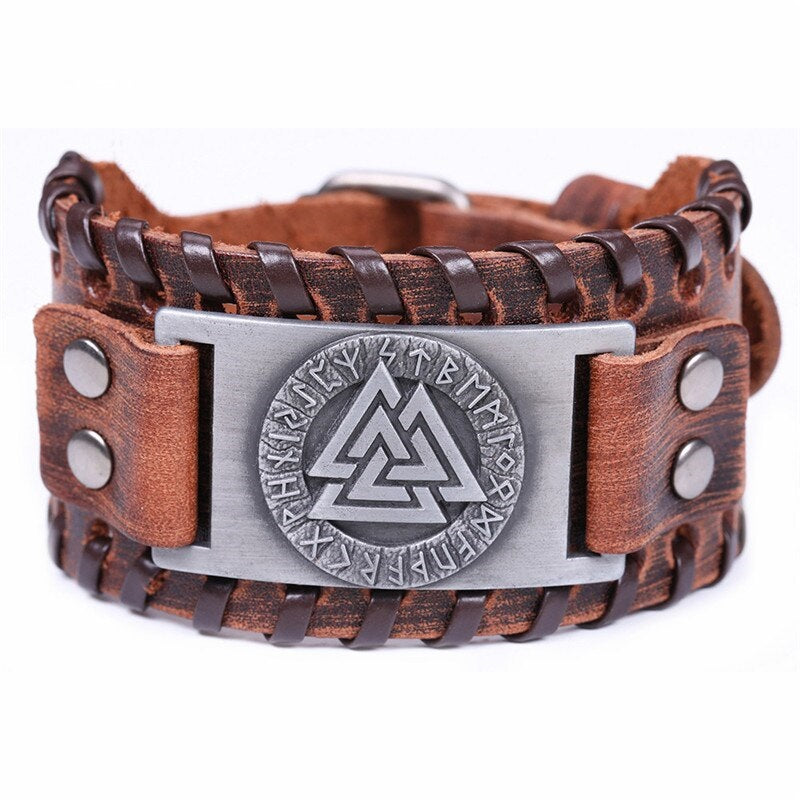 Valknut wide leather bracelet