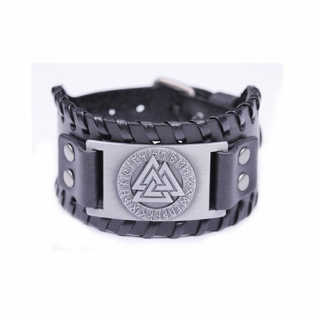 Valknut wide leather bracelet